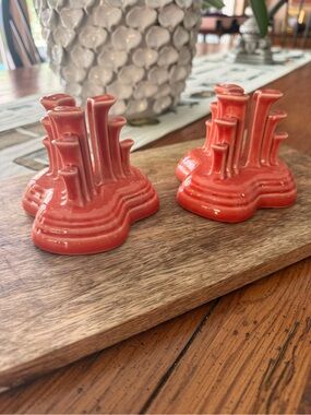 Fiestaware Retired Persimmon 2pc Pair candle stick Holders Pyramid HTF color
